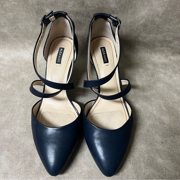 Alex Marie Shoes - Alex Marie Navy Blue Pointed Pumps with Cross Over Straps Size  8.5M